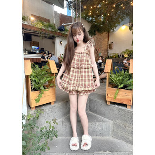 Set Bộ Đồ Nữ Áo 2 Dây Kẻ Babydoll Dây Nơ Vai Viền Bèo Mix Quần Sooc Đùi Kẻ Freesize