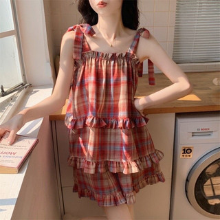 Set Bộ Đồ Nữ Áo 2 Dây Kẻ Babydoll Dây Nơ Vai Viền Bèo Mix Quần Sooc Đùi Kẻ Freesize