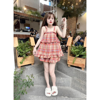 Set Bộ Đồ Nữ Áo 2 Dây Kẻ Babydoll Dây Nơ Vai Viền Bèo Mix Quần Sooc Đùi Kẻ Freesize