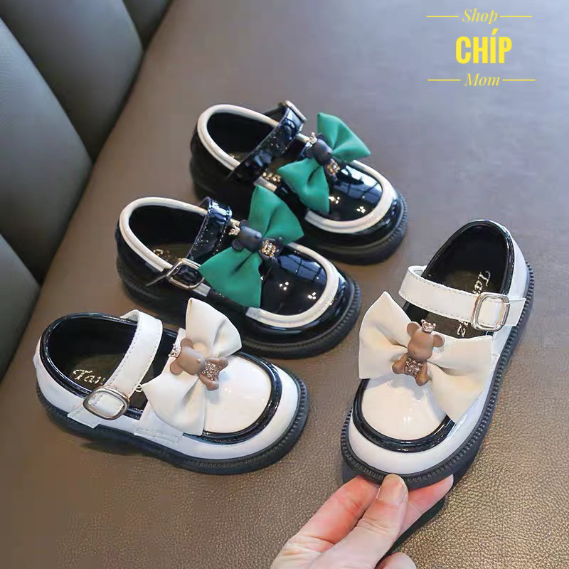 giày búp bê cho bé gái giày bệ cho bé nơ gấu da PU bền đẹp đế chống trượt QCCC full hộp kiểu dáng hàn quốc 7002