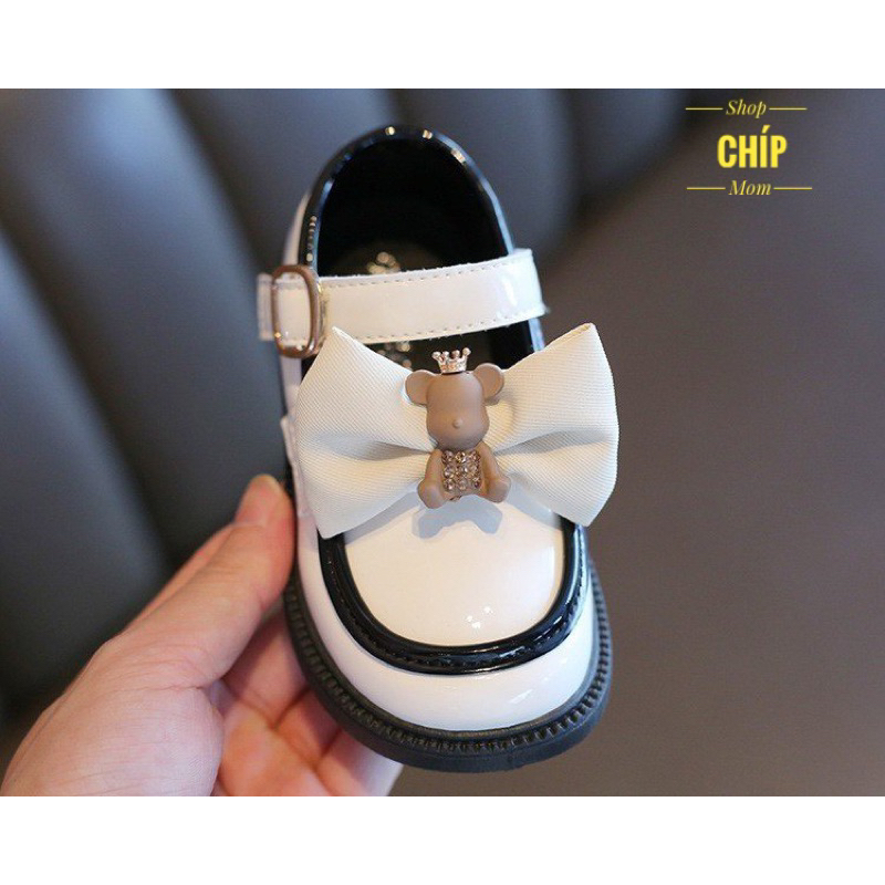 giày búp bê cho bé gái giày bệ cho bé nơ gấu da PU bền đẹp đế chống trượt QCCC full hộp kiểu dáng hàn quốc 7002