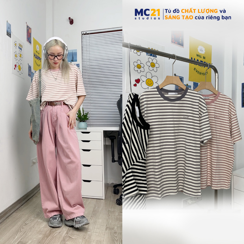 Áo phông kẻ MC21.STUDIOS oversize tay lỡ Unisex Ulzzang Streetwear Hàn Quốc tee form rộng t-shirt nam nữ pull A3609