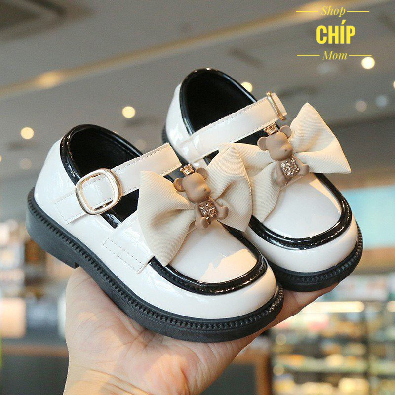 giày búp bê cho bé gái giày bệ cho bé nơ gấu da PU bền đẹp đế chống trượt QCCC full hộp kiểu dáng hàn quốc 7002