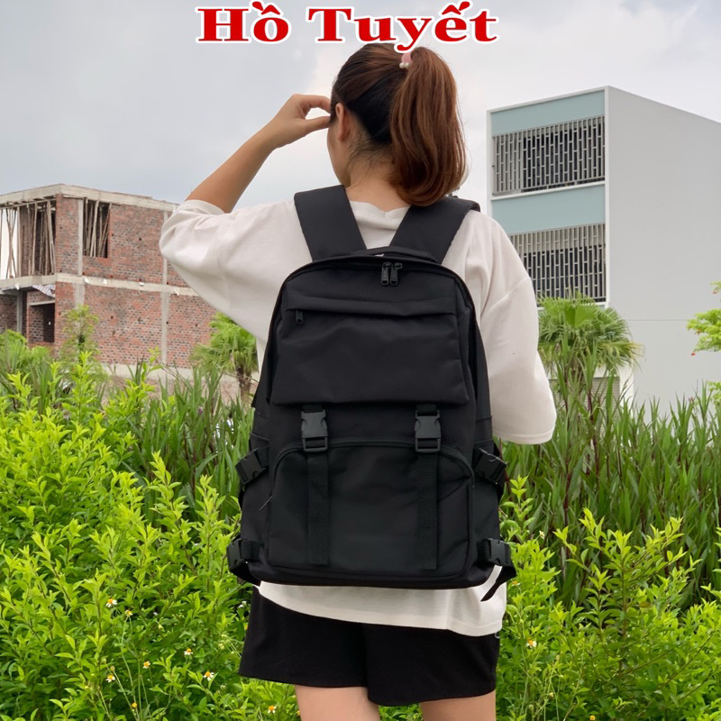 Balo học sinh Ulzang cặp đi học nam nữ bassic đen trơn có ngăn đựng laptop chất vải canvas chống thấm nước bền đẹp B 8