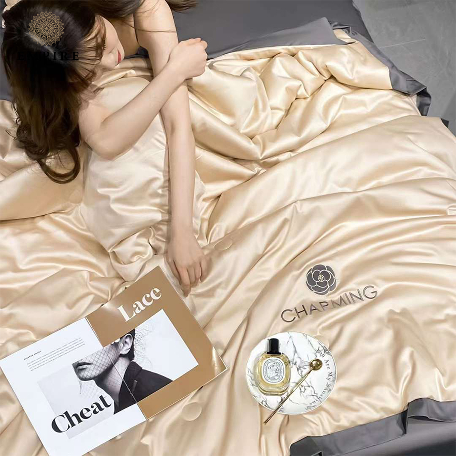 Bộ chăn ga gối đệm 4 món phi lụa Charming EMPIRE cao cấp thoáng mát chăn chần lông vũ mềm mại