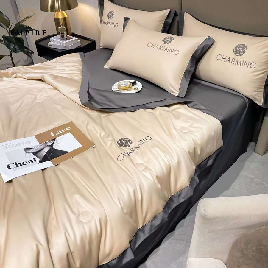 Bộ chăn ga gối đệm 4 món phi lụa Charming EMPIRE cao cấp thoáng mát chăn chần lông vũ mềm mại