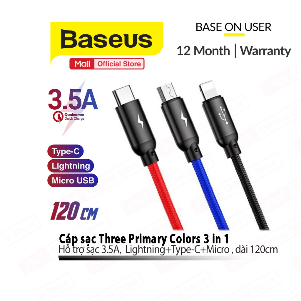 Ảnh Cáp sạc 3in1 Baseus Three Primary Colors dùng cho Smartphone/Android/IP10/11/12 sạc nhanh 3.5A, dài 30cm/120cm 1