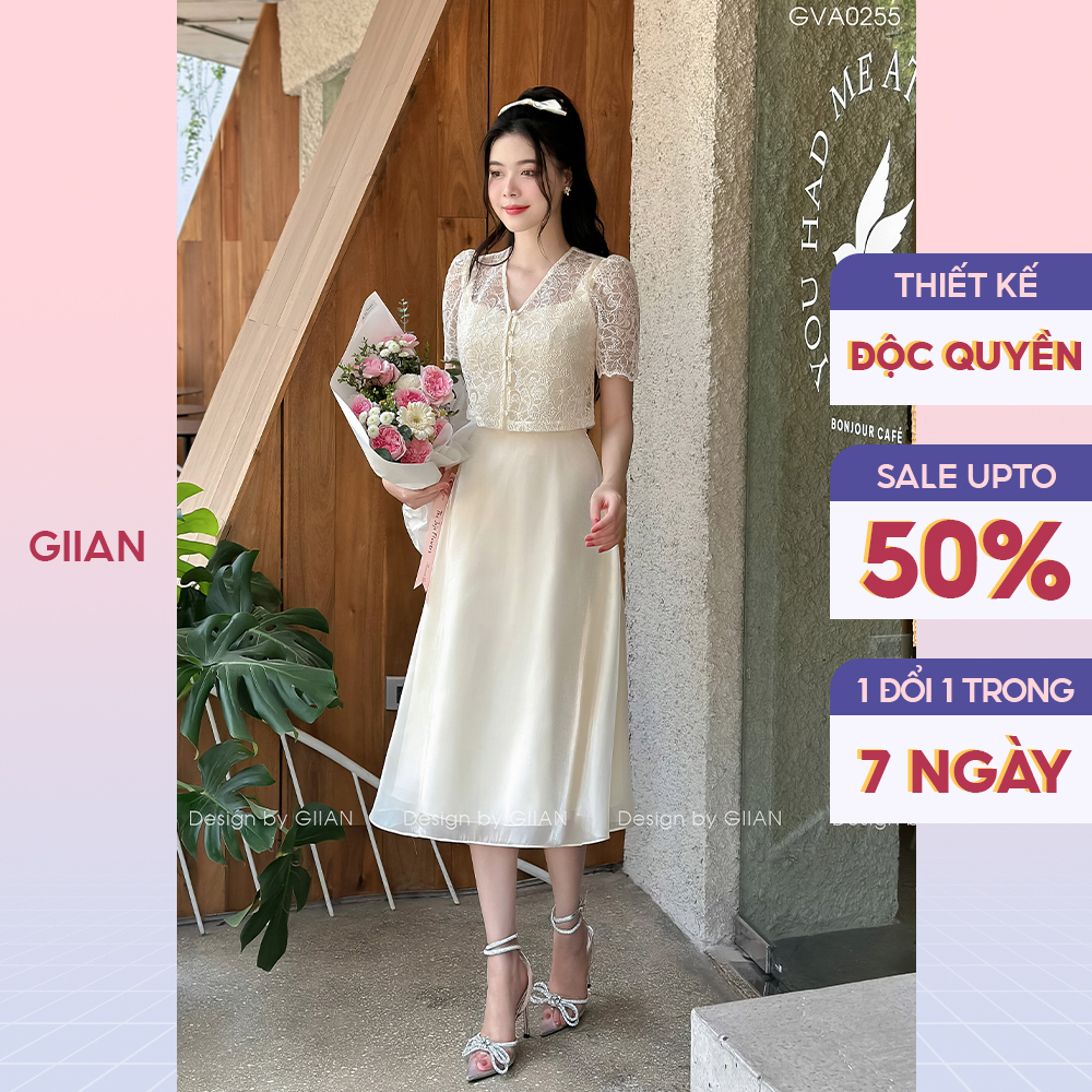 Váy dáng dài tiểu thư vintage tơ óng phối ren thương hiệu Giian - VA0255