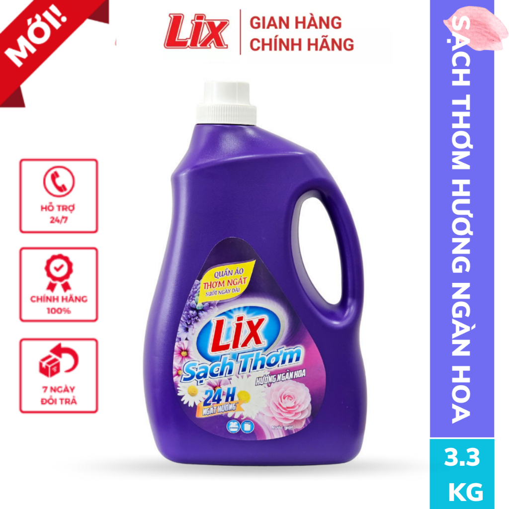Nước giặt Lix sạch thơm hương ngàn hoa chai 3.3kg sạch nhanh vết bẩn N7201 gấp đôi sức mạnh giặt tẩy - Lixco Việt Nam