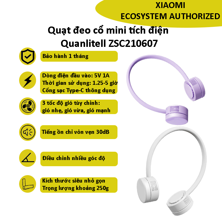 Quạt đeo cổ mini tích điện Xiaomi Quanlitell ZSC210607 - Bảo hành 1 tháng - Shop  MI Ecosystem Authorized