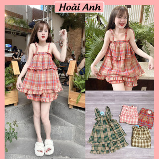 Set Bộ Đồ Nữ Áo 2 Dây Kẻ Babydoll Dây Nơ Vai Viền Bèo Mix Quần Sooc Đùi Kẻ Freesize