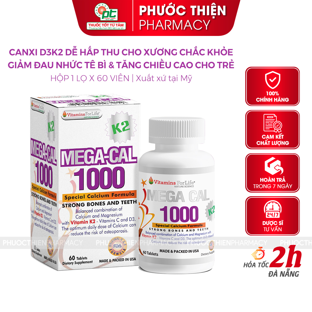 Viên uống bổ sung Canxi D3K2 Mỹ Mega Cal 1000 cho người lớn, phát triển ...