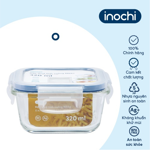Hộp thuỷ tinh vuông Nikko Inochi 320/520/800 ml KO CHIA NGĂN, có nút thoát hơi nước chịu nhiệt 400 độ C, chống rỉ nước