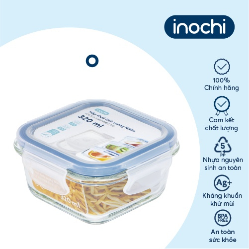 Hộp thuỷ tinh vuông Nikko Inochi 320/520/800 ml KO CHIA NGĂN, có nút thoát hơi nước chịu nhiệt 400 độ C, chống rỉ nước