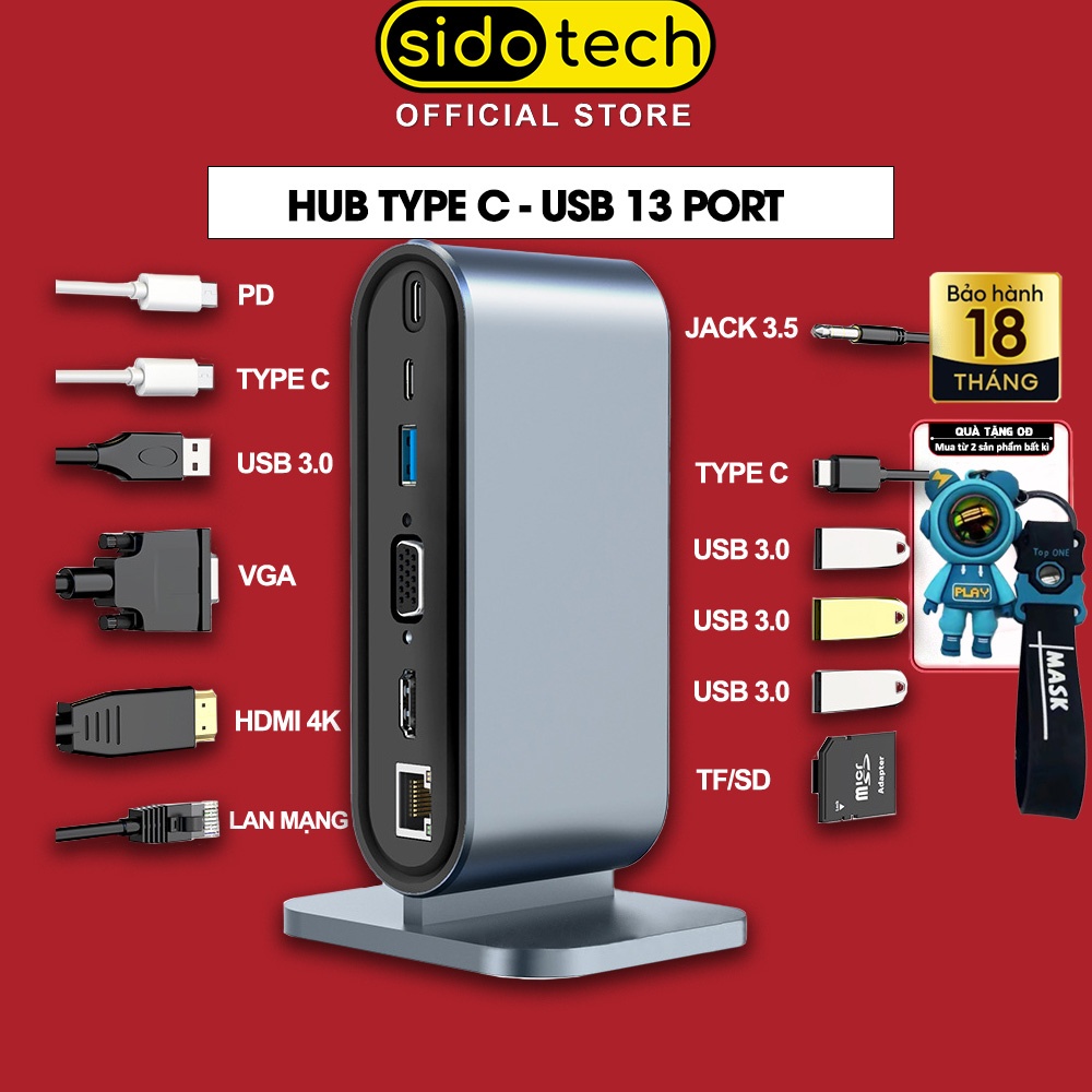 Hub Type C - USB 3.0 13 port SIDOTECH trạm hub chuyển đổi mở rộng kết nối máy tính laptop pc máy in HDMI VGA cáp mạng