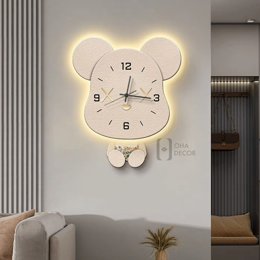Tranh Đồng Hồ 3D LED Cắt Gấu Đáng Yêu Trang Trí Phòng Khách Quán Cà Phê Hiện Đại Tinh Tế OHA Decor