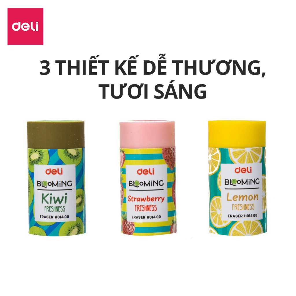 Set 3 Gôm Tẩy 2B Deli Hình Hoa Quả Dễ Thương Kiwi, Dâu, Chanh - Tẩy Sạch Ít Vụn Tẩy Trẻ Nhỏ, Học Sinh