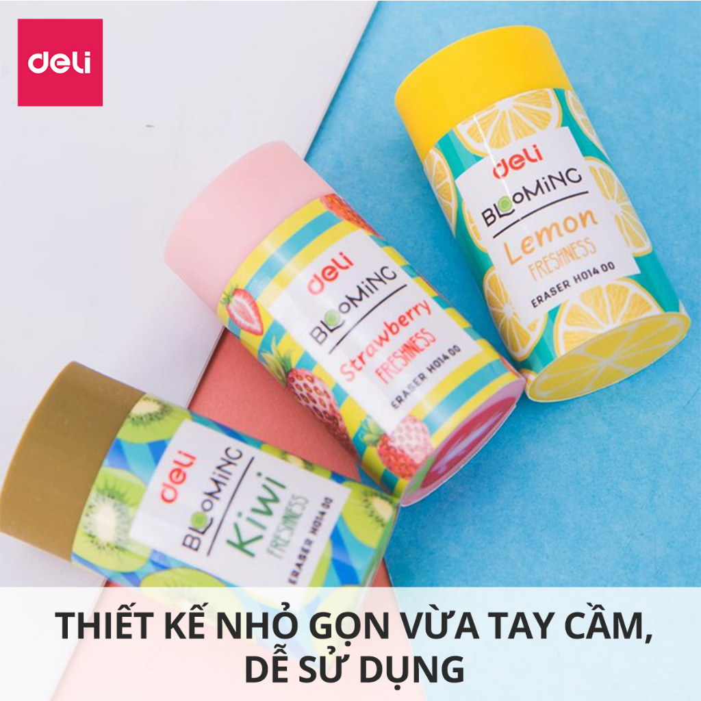 Set 3 Gôm Tẩy 2B Deli Hình Hoa Quả Dễ Thương Kiwi, Dâu, Chanh - Tẩy Sạch Ít Vụn Tẩy Trẻ Nhỏ, Học Sinh