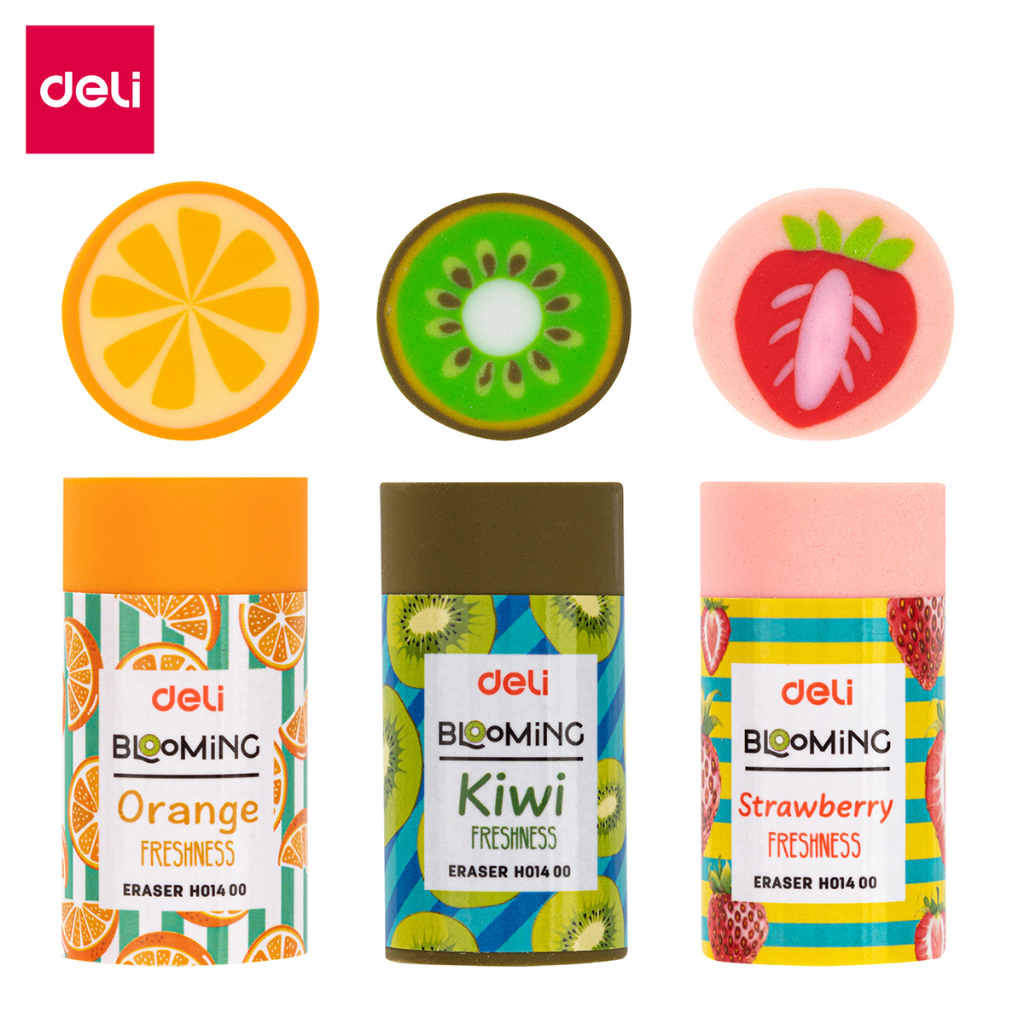 Set 3 Gôm Tẩy 2B Deli Hình Hoa Quả Dễ Thương Kiwi, Dâu, Chanh - Tẩy Sạch Ít Vụn Tẩy Trẻ Nhỏ, Học Sinh