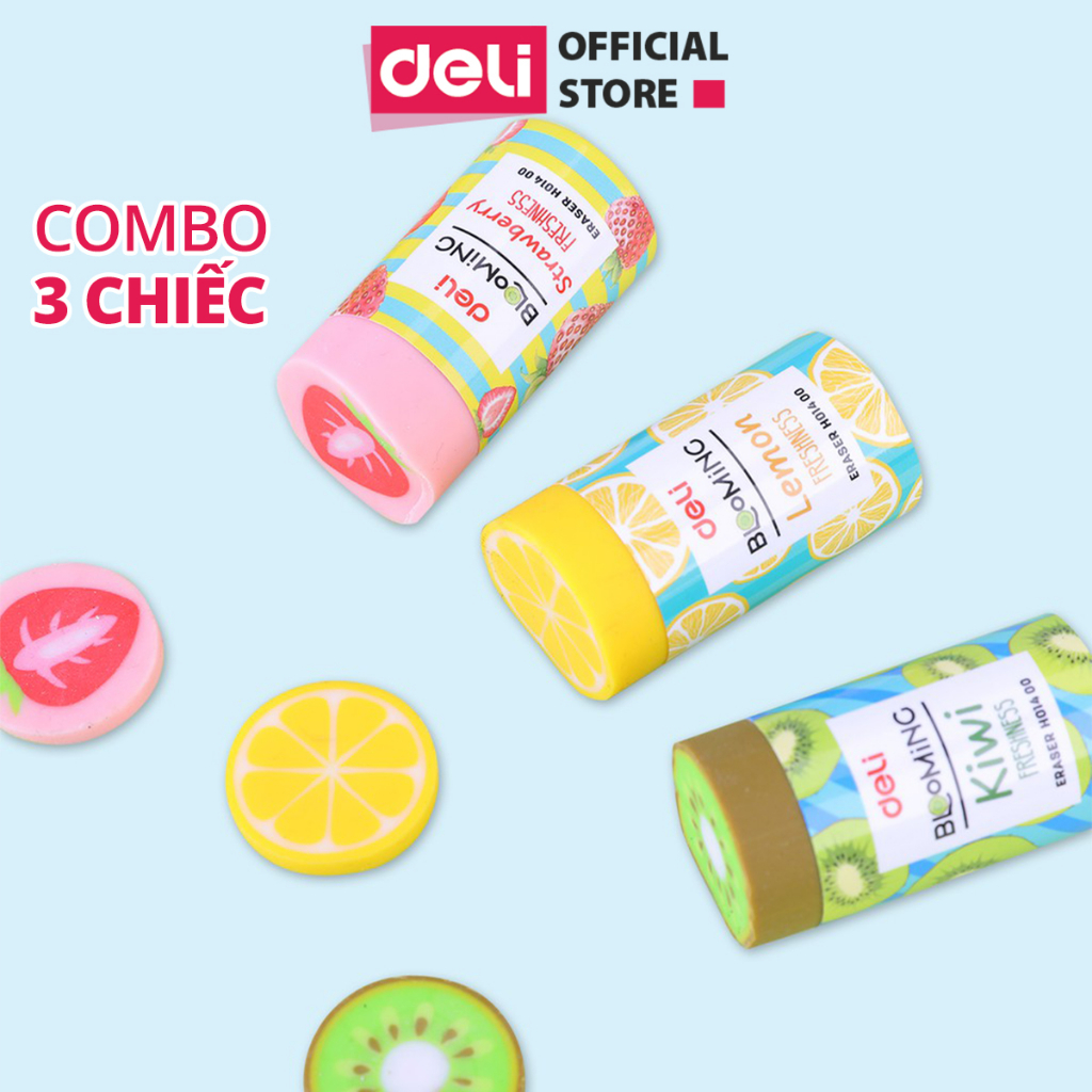 Set 3 Gôm Tẩy 2B Deli Hình Hoa Quả Dễ Thương Kiwi, Dâu, Chanh - Tẩy Sạch Ít Vụn Tẩy Trẻ Nhỏ, Học Sinh