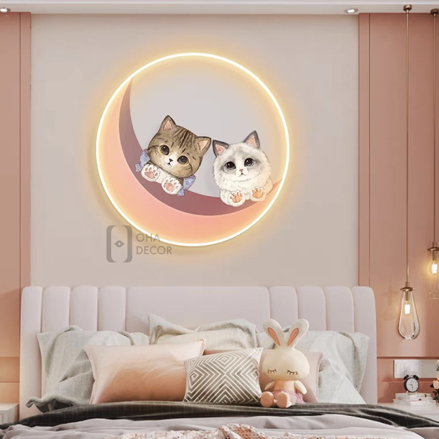 Tranh 3D LED Chú Mèo Dễ Thương Trang Trí Nhà, Quán Cà Phê Hiện Đại OHA Decor