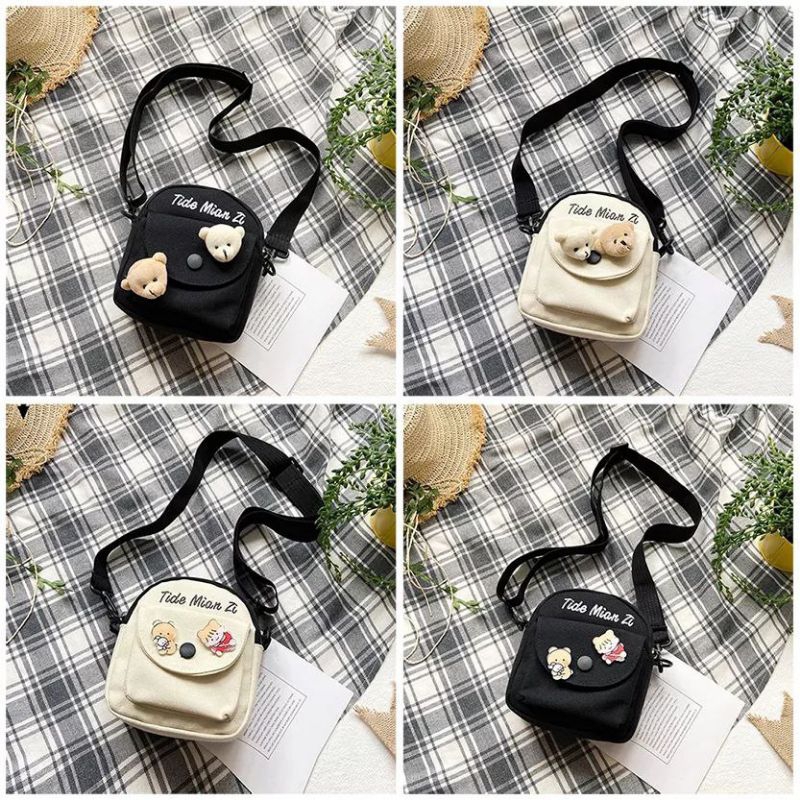 Túi Đeo Chéo Mini Vải Canvas Cho Nữ - Túi Dáng Vòm Nhỏ Kèm Gấu Bông ...