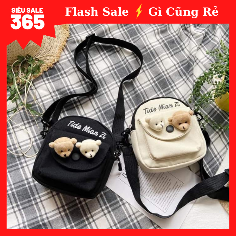 Túi Đeo Chéo Mini Vải Canvas Cho Nữ - Túi Dáng Vòm Nhỏ Kèm Gấu Bông ...