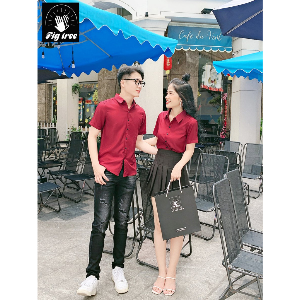 Áo Sơ Mi Đôi Nam Nữ FIG TREE Sơ Mi TAY NGẮN Màu Đỏ Đô Thanh Lịch, Chất Cotton Trơn, Size 40-110kg