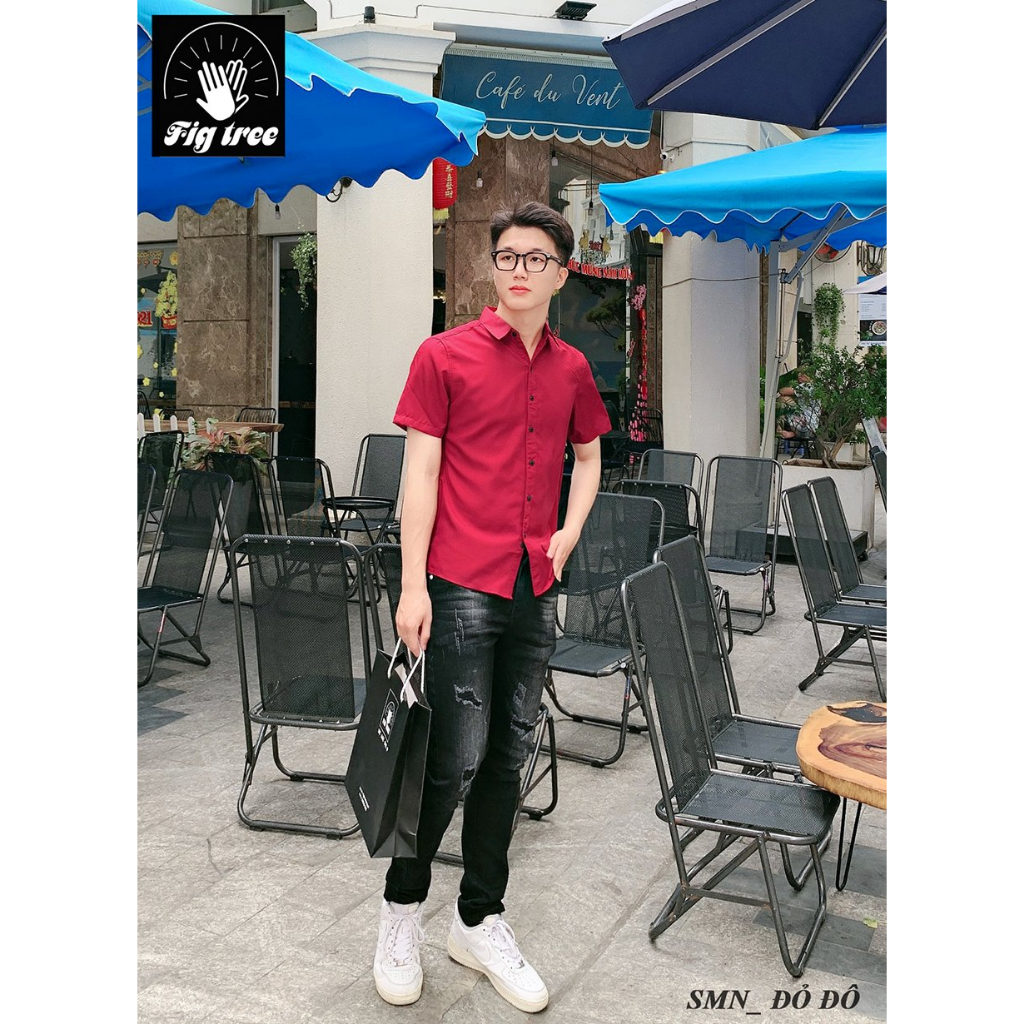 Áo Sơ Mi Đôi Nam Nữ FIG TREE Sơ Mi TAY NGẮN Màu Đỏ Đô Thanh Lịch, Chất Cotton Trơn, Size 40-110kg