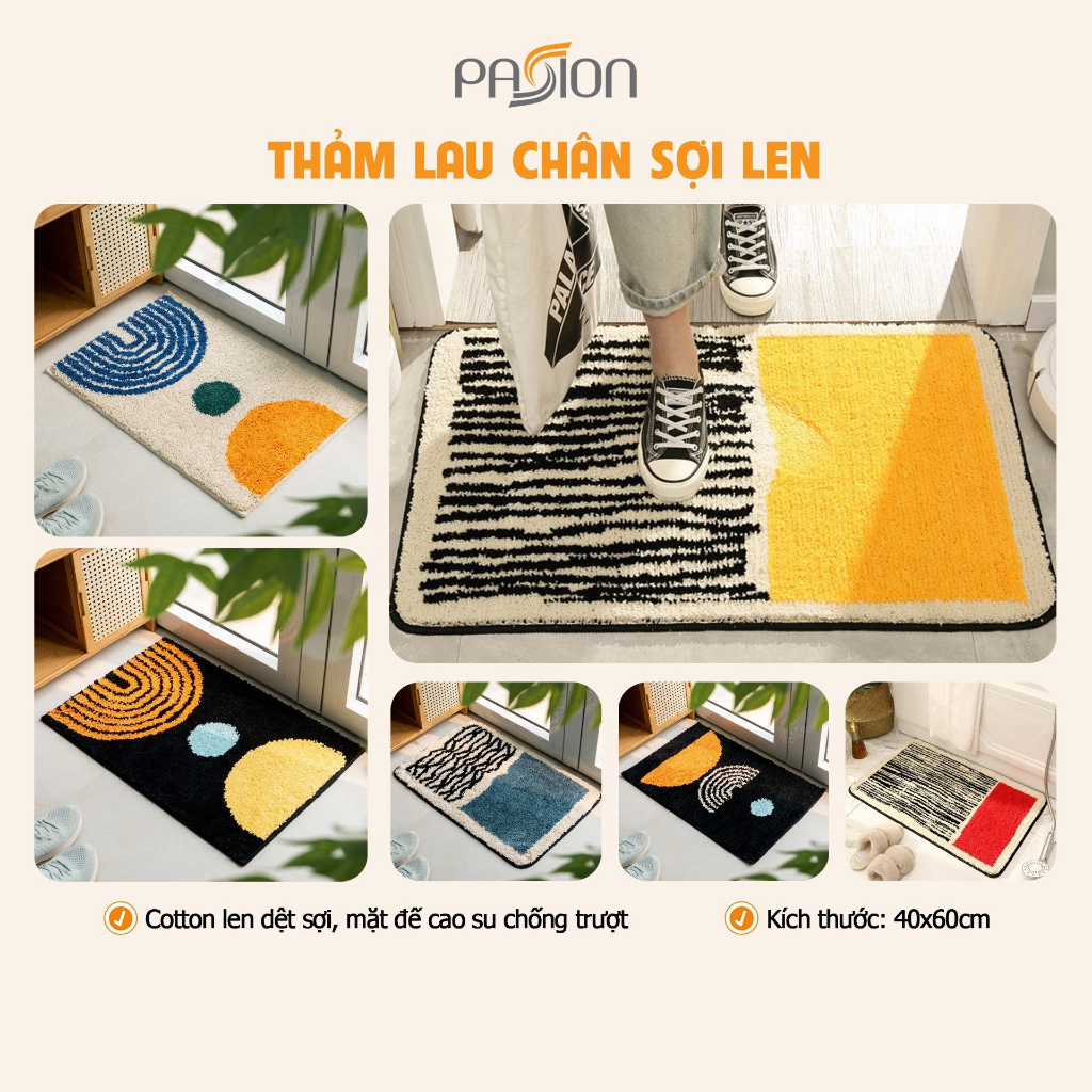Thảm Lau Chân Sợi Len Thấm Hút Họa Tiết Hình Học Vệt Sọc Cá Tính