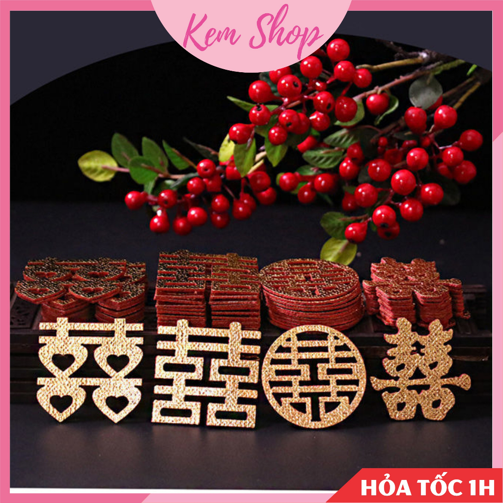 Set 6 chữ hỷ vàng trang trí đám cưới, tráp ăn hỏi, phụ kiện cưới hỏi - Kem Shop K348