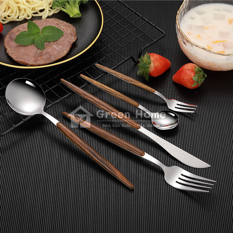 Bộ Dụng Cụ Ăn Uống Gồm Muỗng/ Nĩa/ Dao Bằng INOX 316 Không Gỉ Họa Tiết Vân Gỗ Cao Cấp Sang Trọng