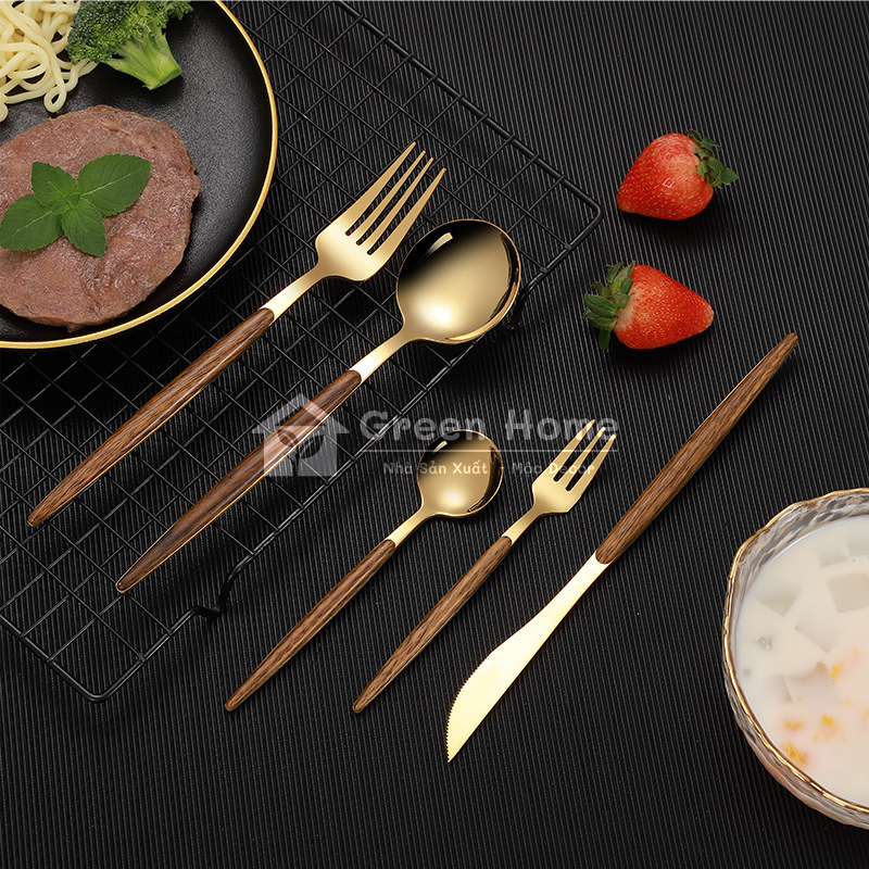 Bộ Dụng Cụ Ăn Uống Gồm Muỗng/ Nĩa/ Dao Bằng INOX 316 Không Gỉ Họa Tiết Vân Gỗ Cao Cấp Sang Trọng