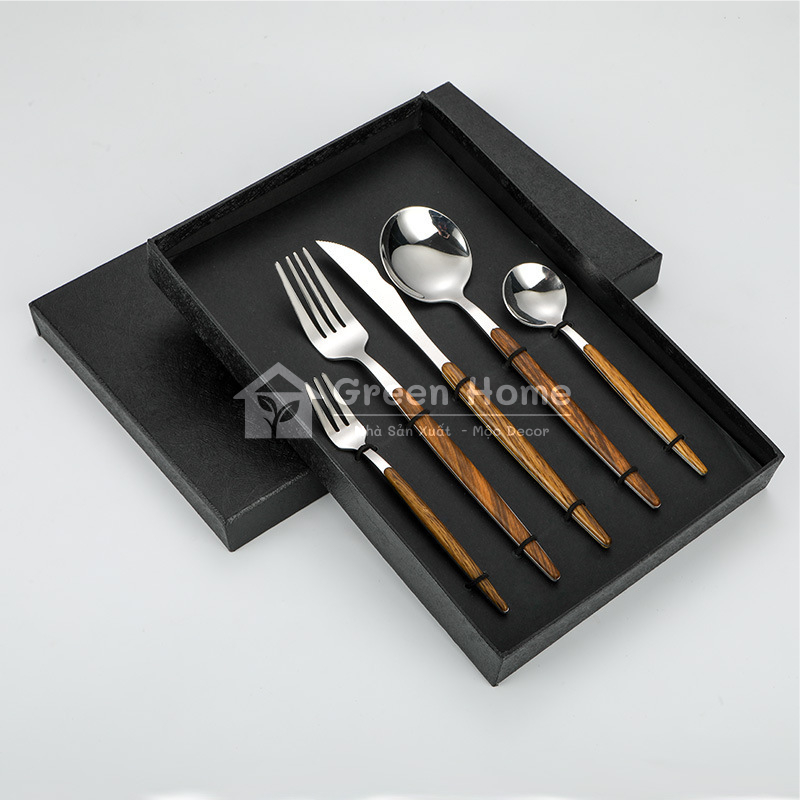Bộ Dụng Cụ Ăn Uống Gồm Muỗng/ Nĩa/ Dao Bằng INOX 316 Không Gỉ Họa Tiết Vân Gỗ Cao Cấp Sang Trọng
