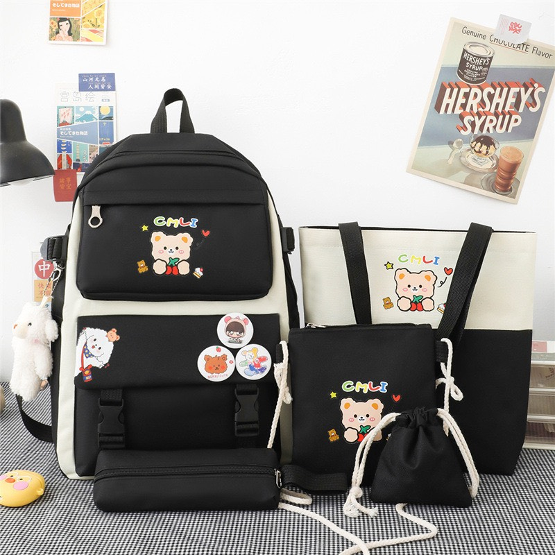 Balo Combo 4 Món Thời Trang nam Nữ Đi Học - Gấu Chibi Cực Xinh