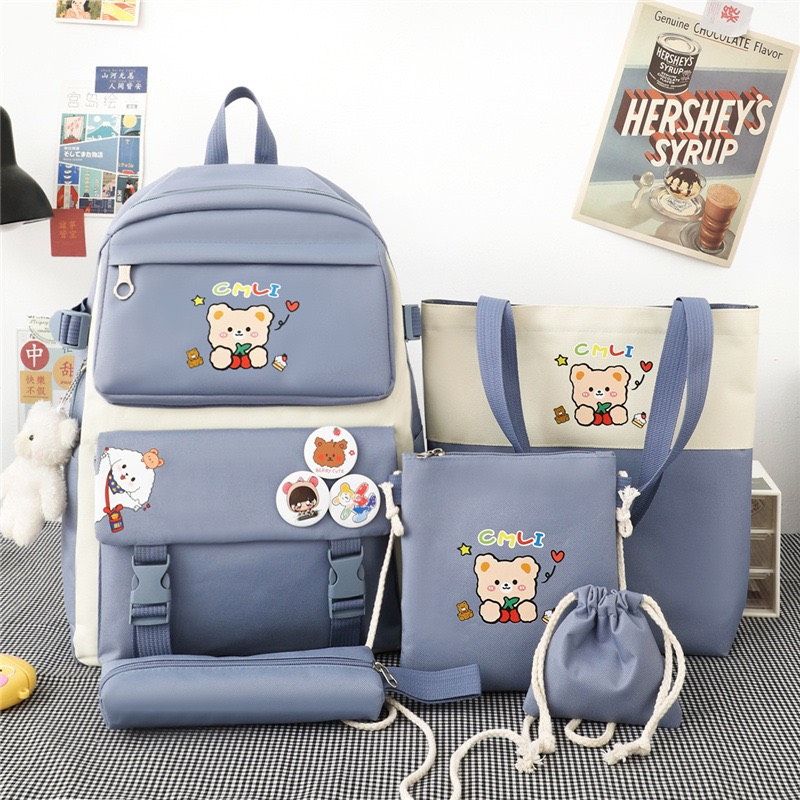 Balo Combo 4 Món Thời Trang nam Nữ Đi Học - Gấu Chibi Cực Xinh