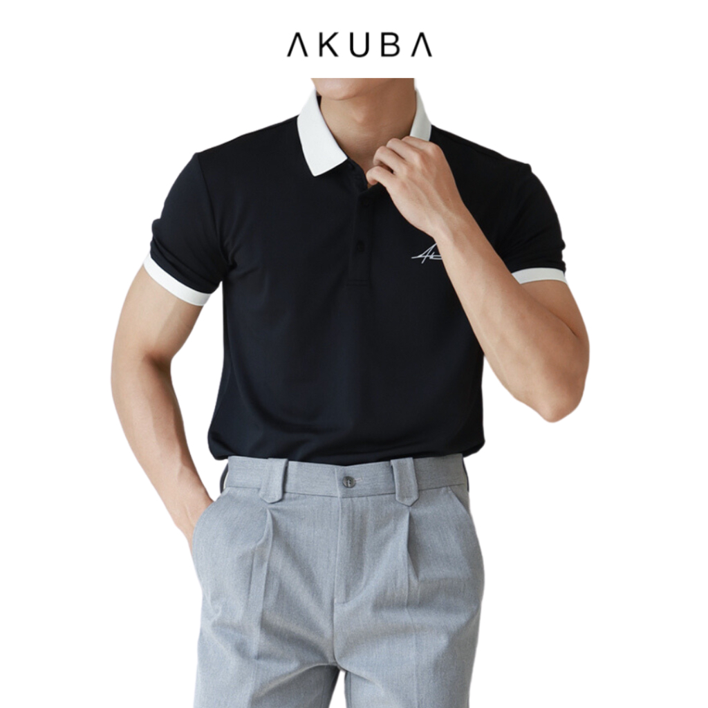 Áo polo nam vải cá sấu cotton in chữ AKUBA form slimfit, chất liệu thoáng mát, mềm mại, thấm hút mồ hôi tốt |01J0585