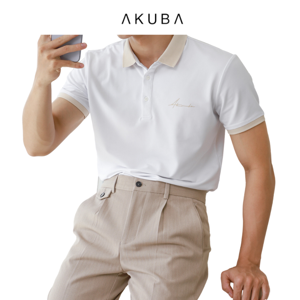 Áo polo Nam vải cá sấu cotton in chữ AKUBA form slimfit, chất liệu thoáng mát, mềm mại, thấm hút mồ hôi tốt | 01J0585