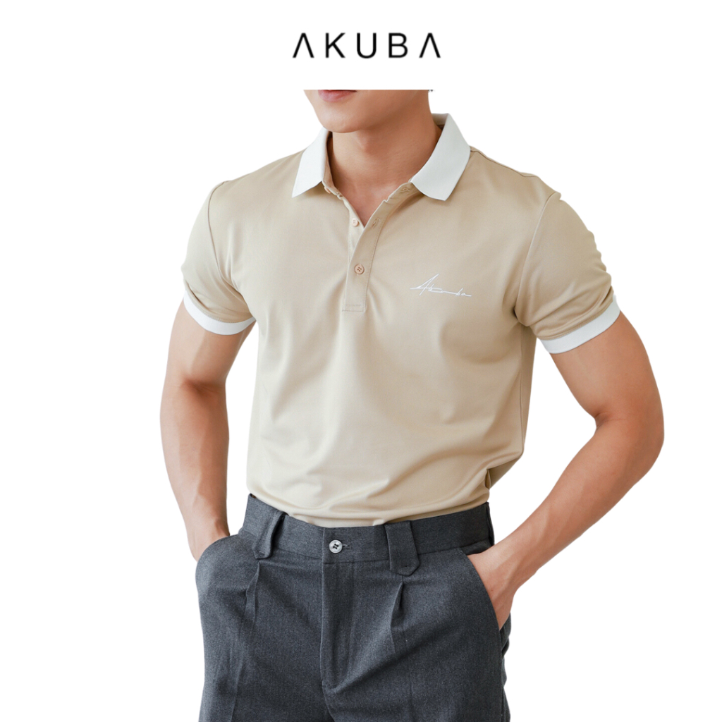 Áo polo nam vải cá sấu cotton in chữ AKUBA form slimfit, chất liệu thoáng mát, mềm mại, thấm hút mồ hôi tốt |01J0585