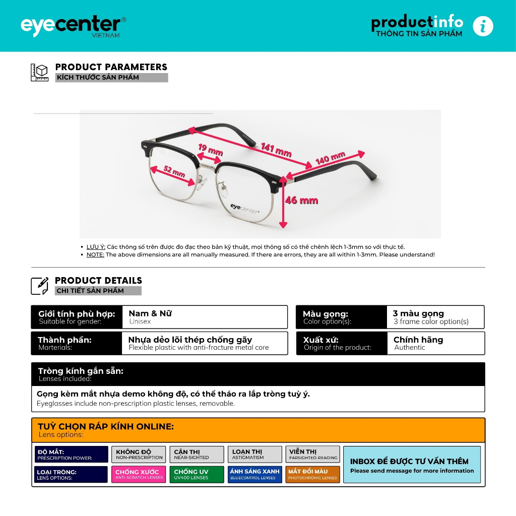 Ảnh Gọng kính nam nữ chính hãng EYECENTER B103S nhựa phối kim loại nhập khẩu by Eye Center Vietnam 2