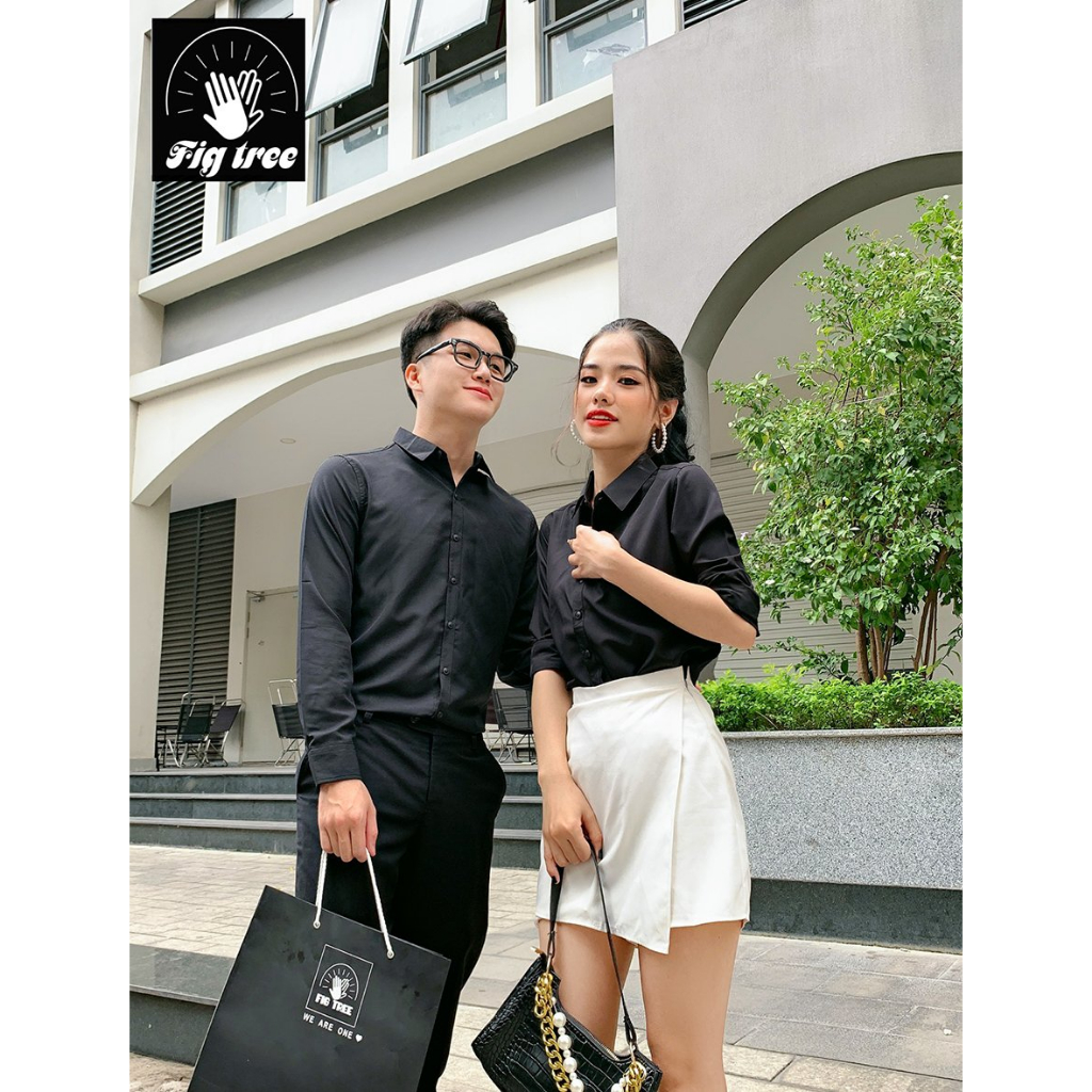 Set Áo Sơ Mi Đôi Fig Tree Màu Đen, Chất Cotton Trơn, Hàng Thiết kế Nhiều Size