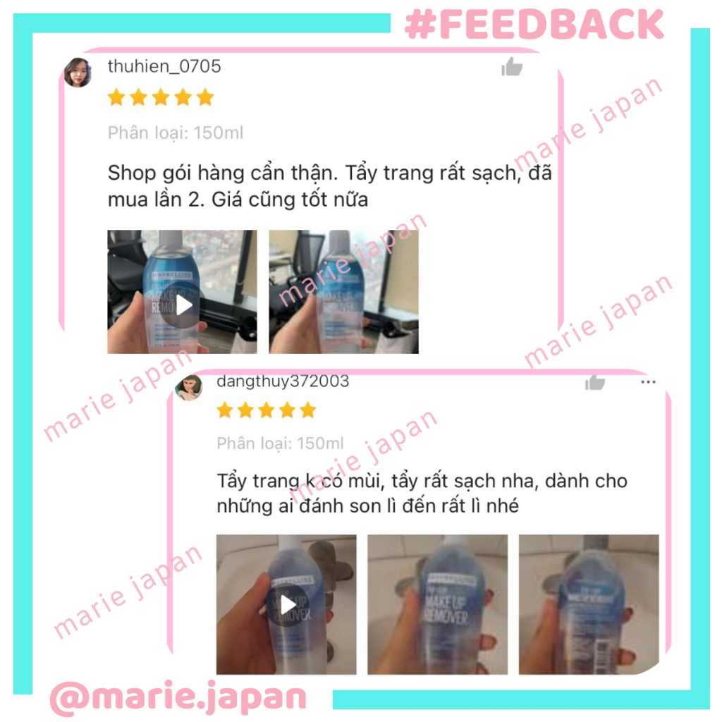 Feedback từ khách hàng sử dụng nước tẩy trang Maybelline mắt môi tại Marie Japan