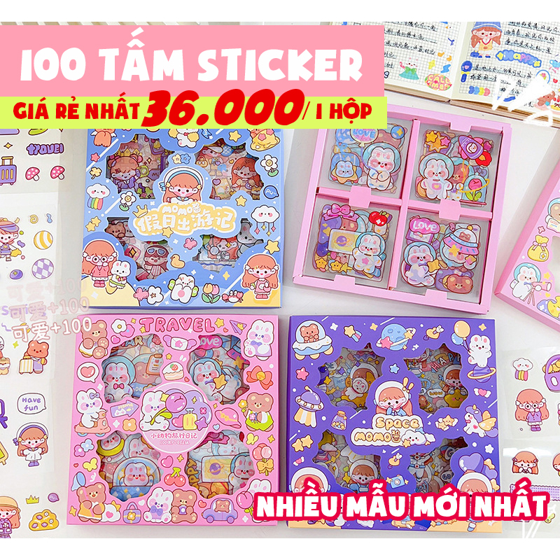 hộp 100 tấm sticker 1000 miếng hình dán dễ thương quà tặng đáng yêu ...