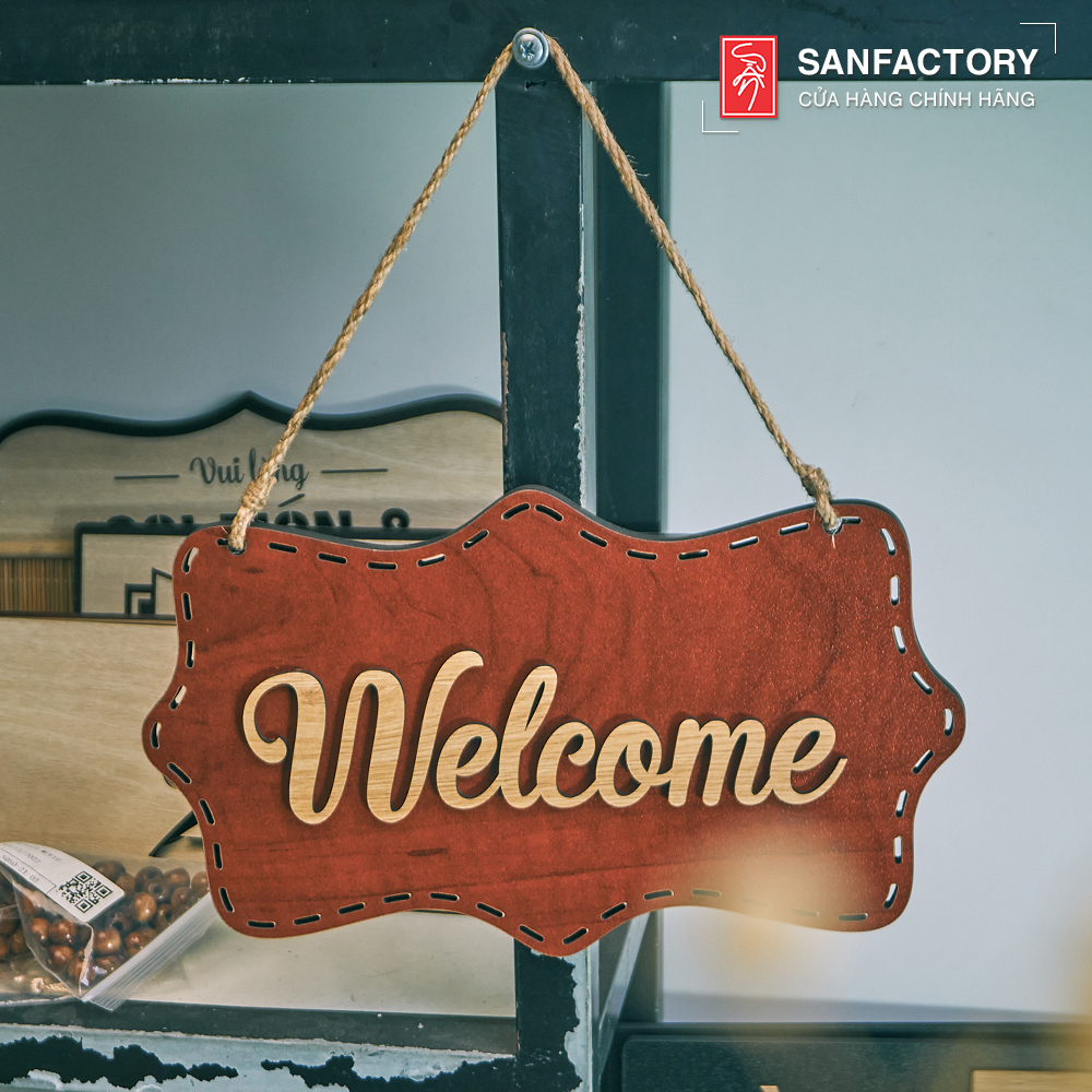 [SAN-WC02] Bảng gỗ decor treo cửa: biển welcome trang trí cửa ra vào bằng gỗ