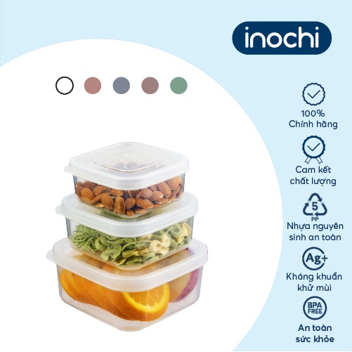 Bộ 3 hộp thực phẩm VUÔNG Inochi Hokkaido (500/1000/2000ml & 750/1500/2500ml), nhựa nguyên sinh an toàn, tiện dụng
