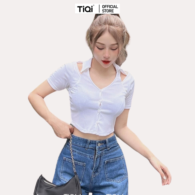 Áo croptop Nữ ôm tay ngắn cổ bẻ khoét vai nhiều màu TiQi Jeans A-178