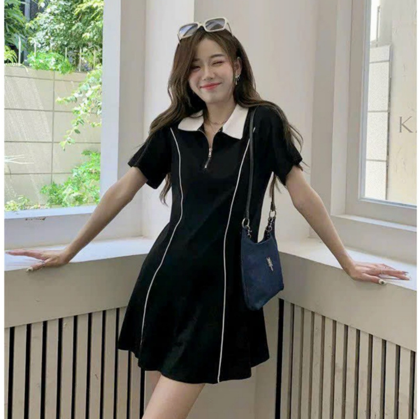 Đầm Polo Bigsize Nữ Dáng Xòe Màu Đen Phối Cổ Trắng,Váy Big Size Cổ Bẻ  Hách Dáng Chất Tăm Mới Mát G93