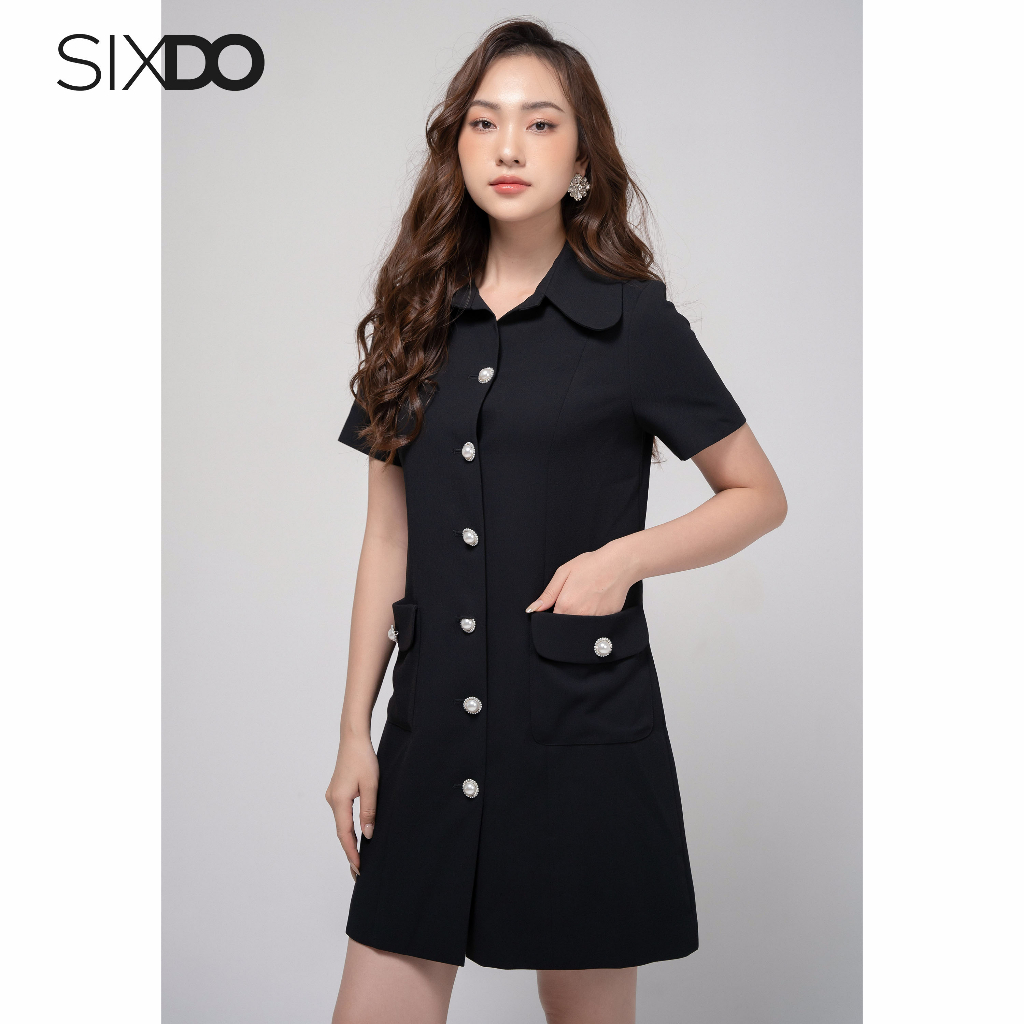 Đầm sơ mi phối túi thời trang SIXDO Black Mini Woven Shirt Dress