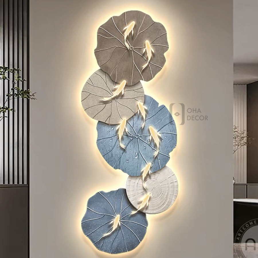 Tranh Đèn LED 3D Phong Thuỷ Hoa Sen Cửu Ngư Trang Trí Phòng Khách, Quán Tiệm Shop OHA Decor