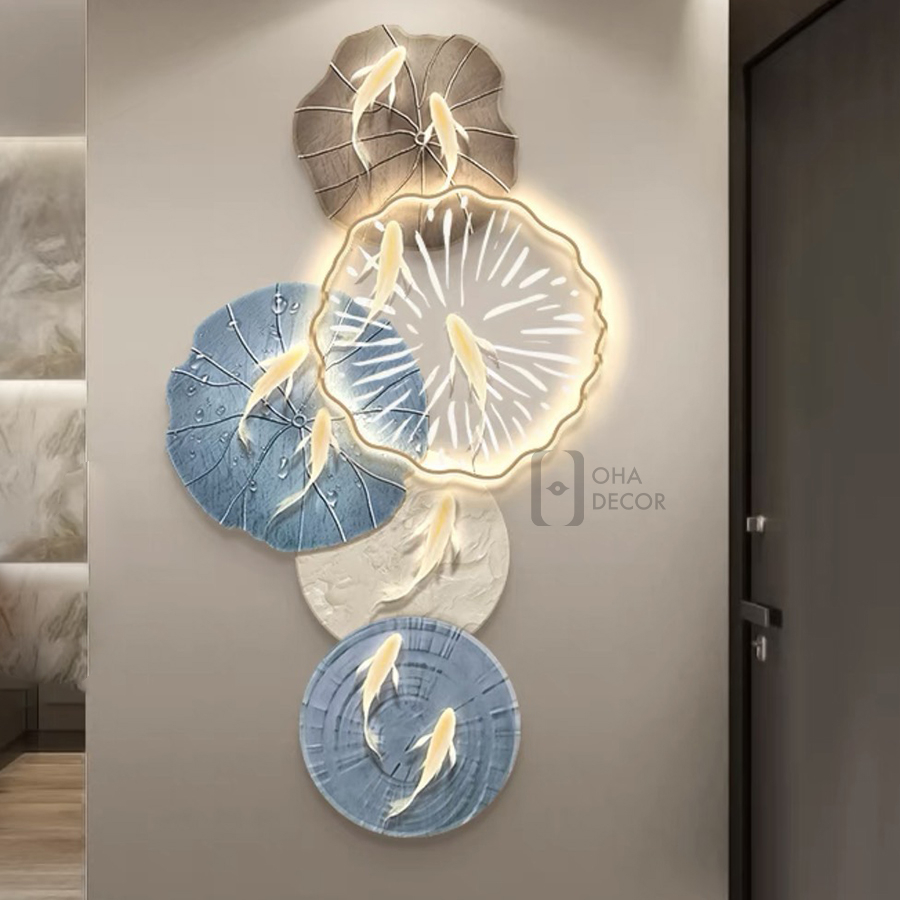 Tranh Đèn LED 3D Phong Thuỷ Hoa Sen Cửu Ngư Trang Trí Phòng Khách, Quán Tiệm Shop OHA Decor